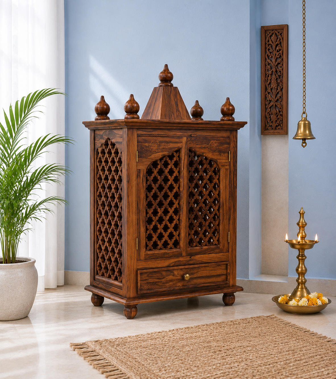 Grand Spiritual Solid Wood Temple Unit with Elegant Drawer and Storage Design
