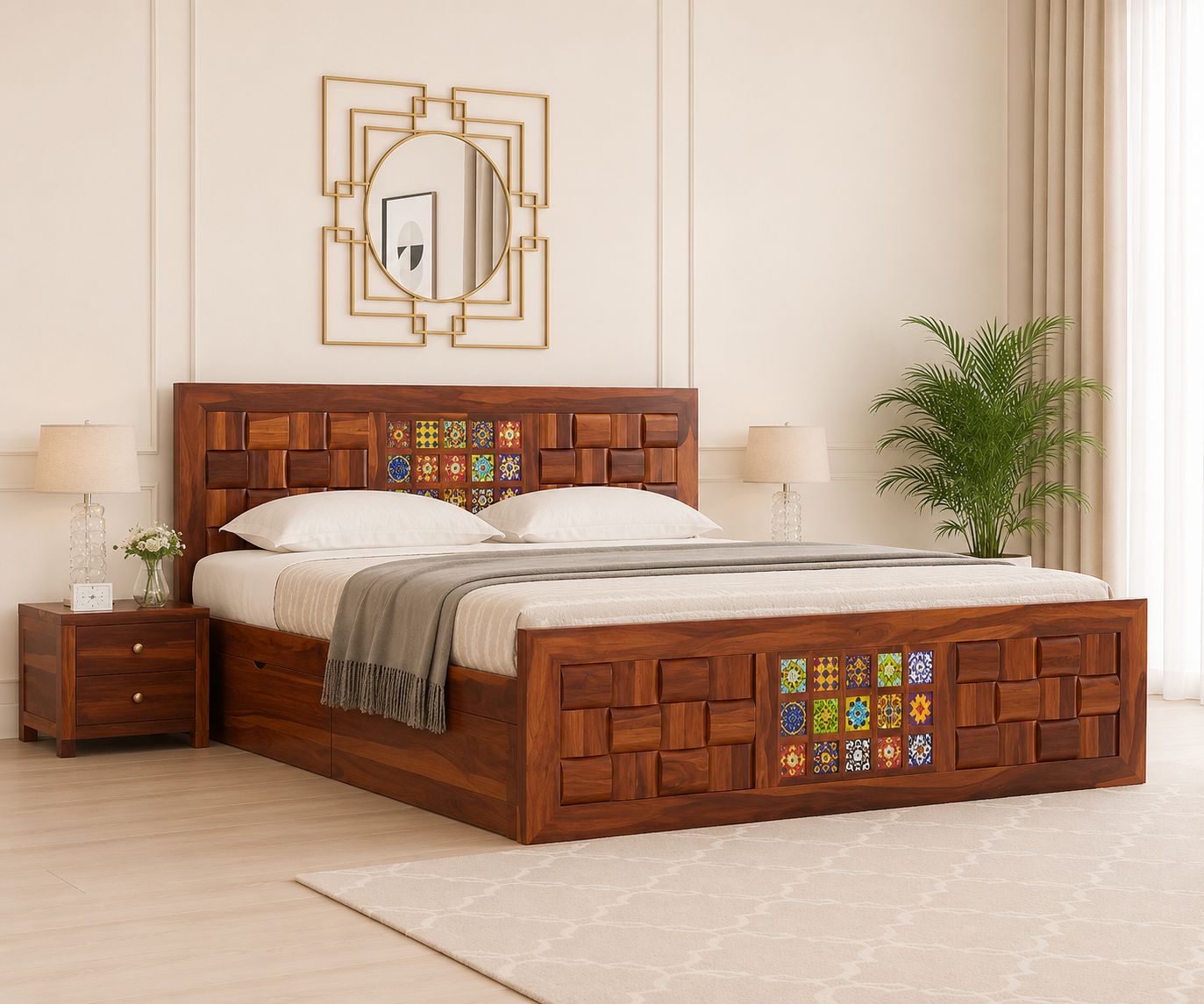 Hampton Premium Sheesham Wood Queen Size Storage Bed