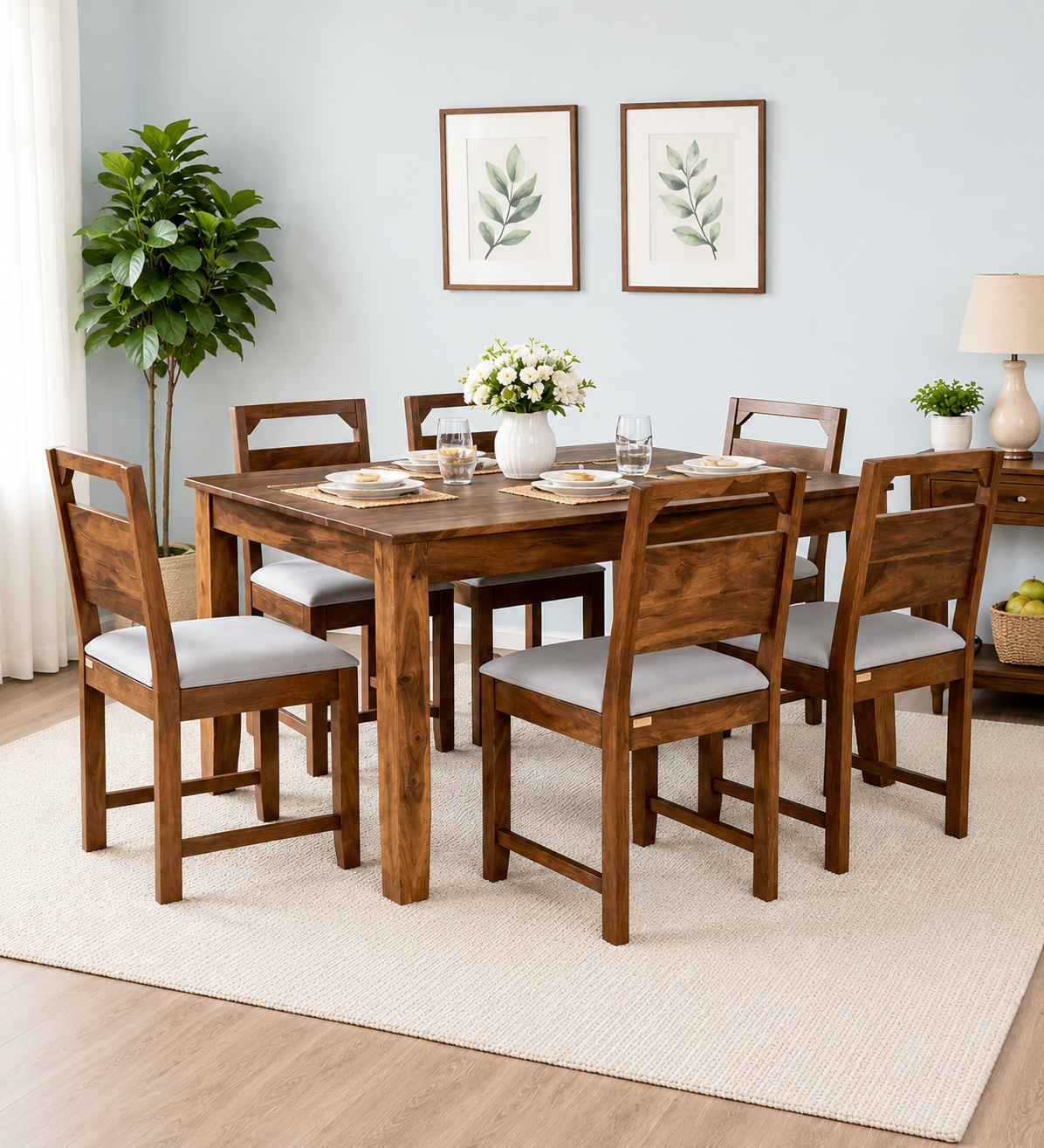 Hensley Solid Sheesham Wood 6 Seater Dining Set in Provincial Teak Finish