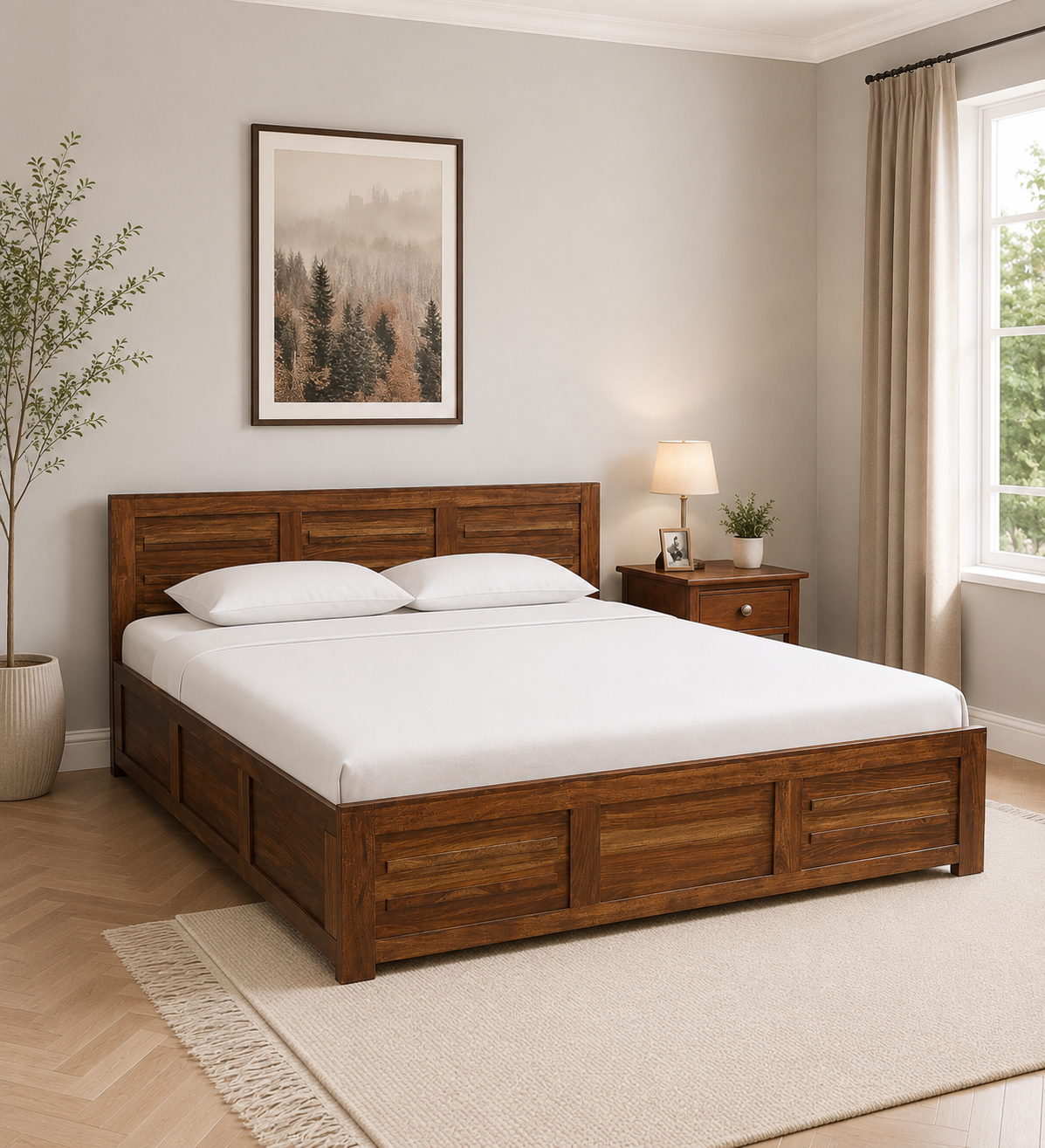Invera Modern Solid Sheesham Wood Bed with Clean Line Design