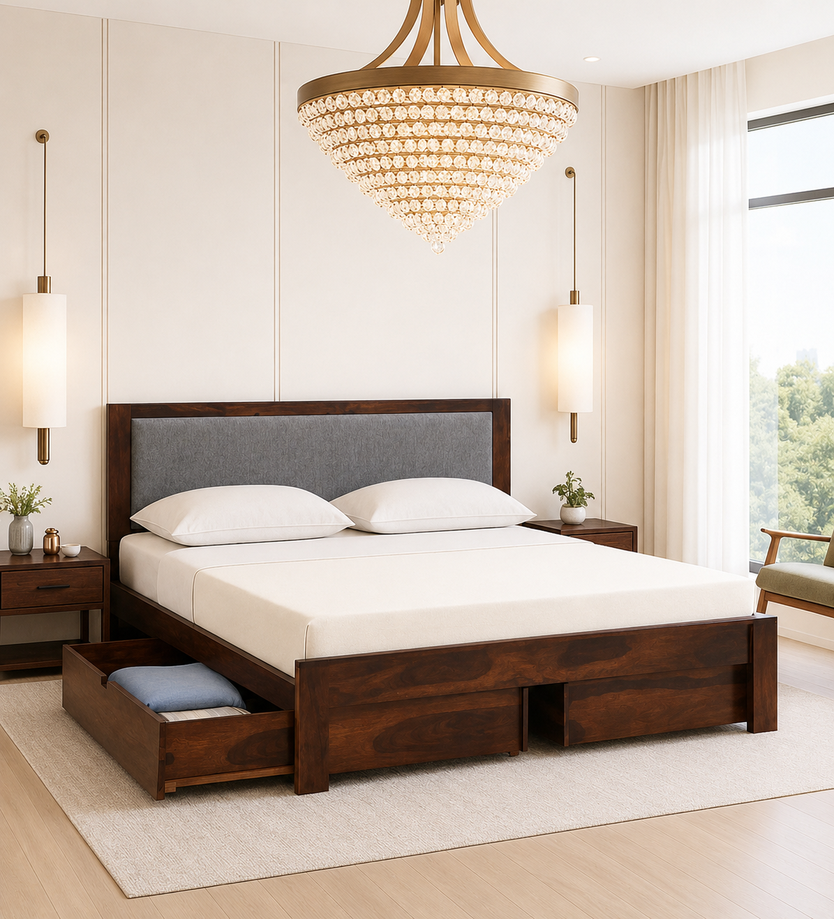 Ivora Premium Wooden Double Bed with Upholstered Backrest