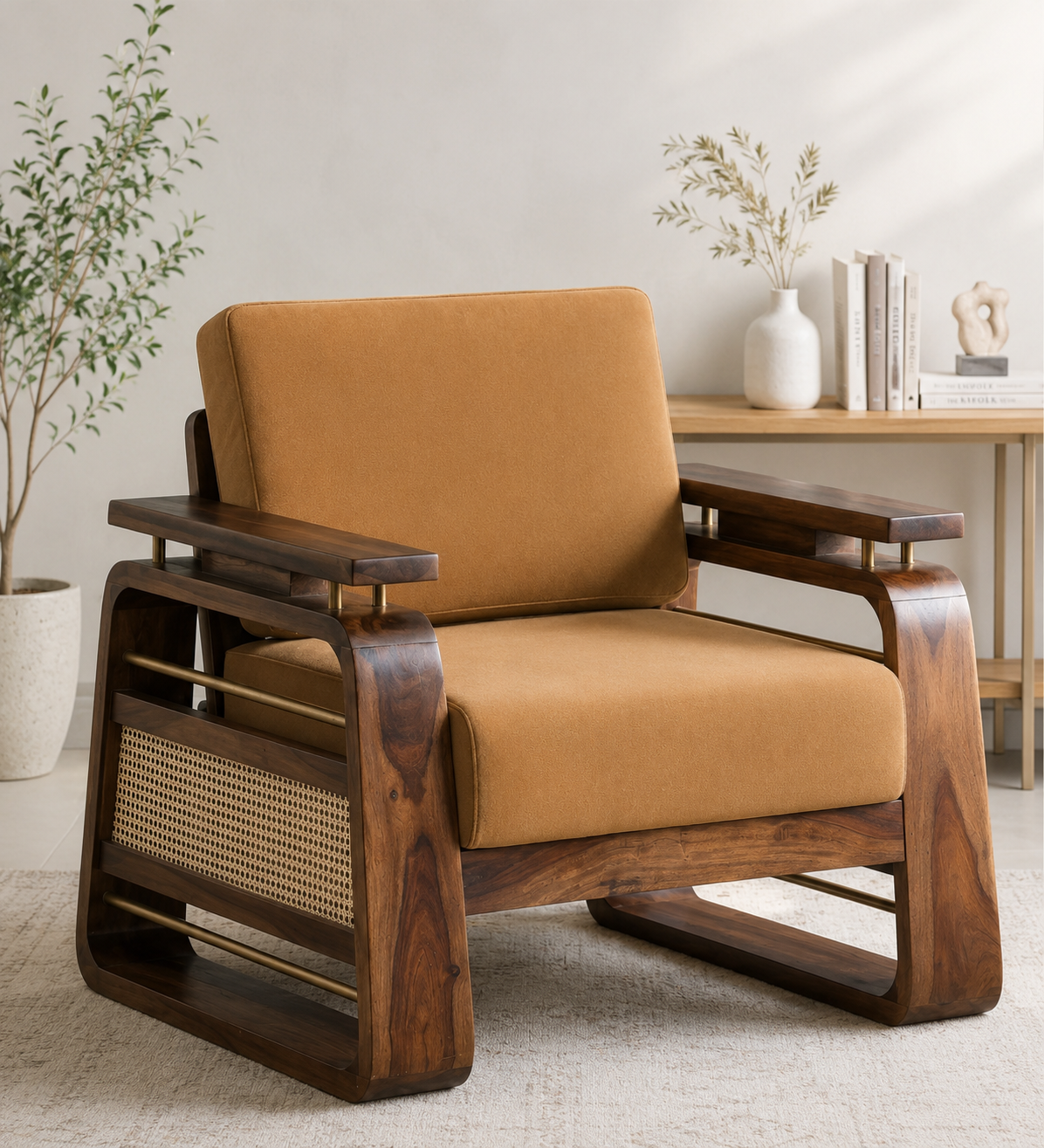 Luxury Handcrafted Sheesham Wood 1 Seater Sofa with Premium Cushioned Seating