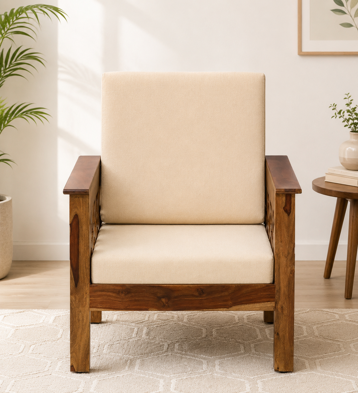 Luxury Living Sheesham Wood Accent 1 Seater Sofa with Soft Upholstery