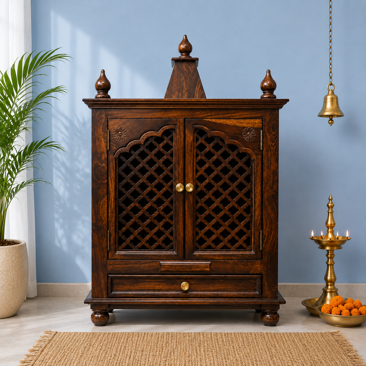 Luxury Solid Sheesham Wood Temple with Spacious Storage Cabinet for Home