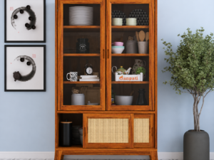 Maharaja Sheesham Wood Crockery Cabinet with Glass Display and Storage.