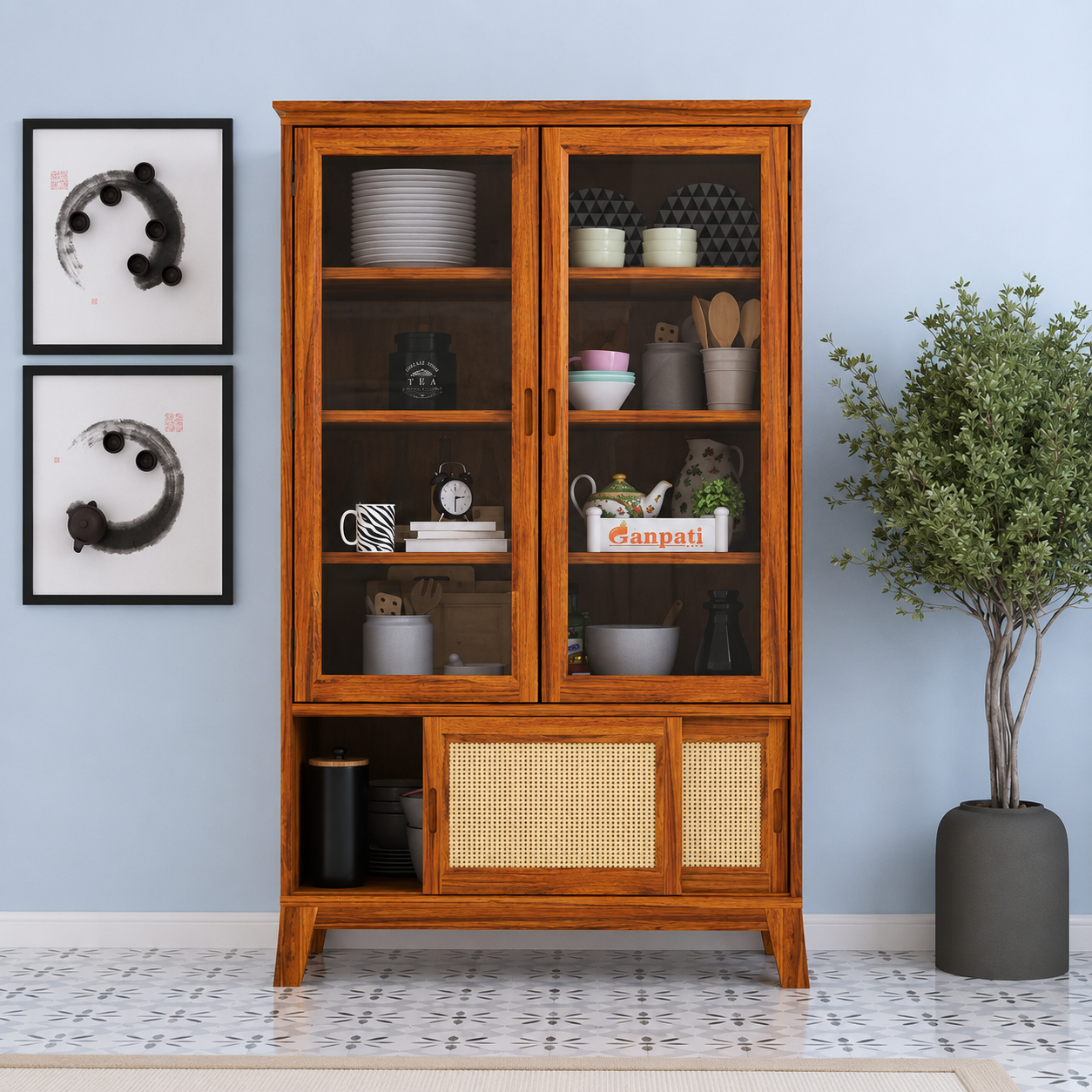 Maharaja Sheesham Wood Crockery Cabinet with Glass Display and Storage.