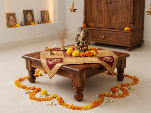 Mangalam Wooden Pooja Chowki in Natural Walnut Finish