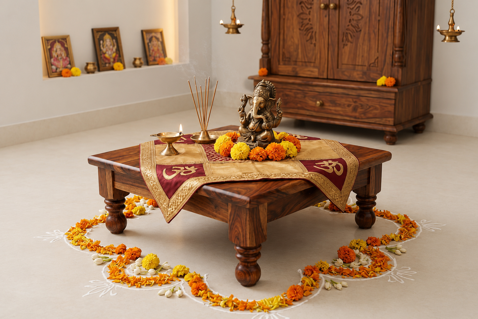Mangalam Wooden Pooja Chowki in Natural Walnut Finish