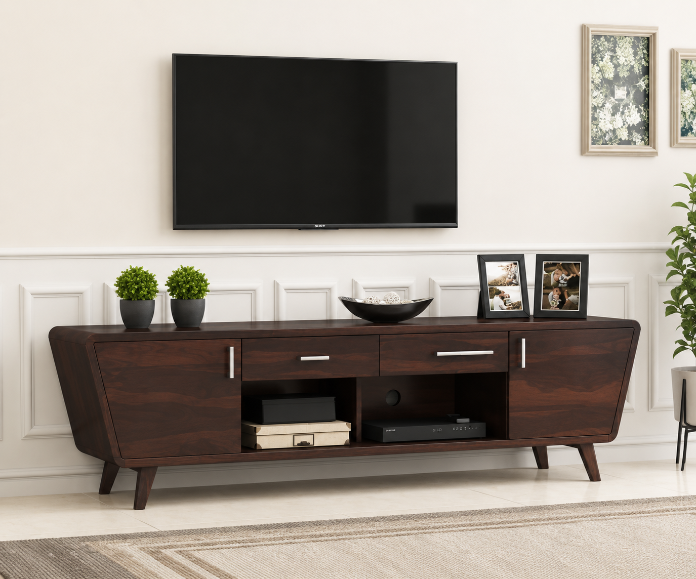 Maple Solid Sheesham Wood TV Unit with Storage Cabinet