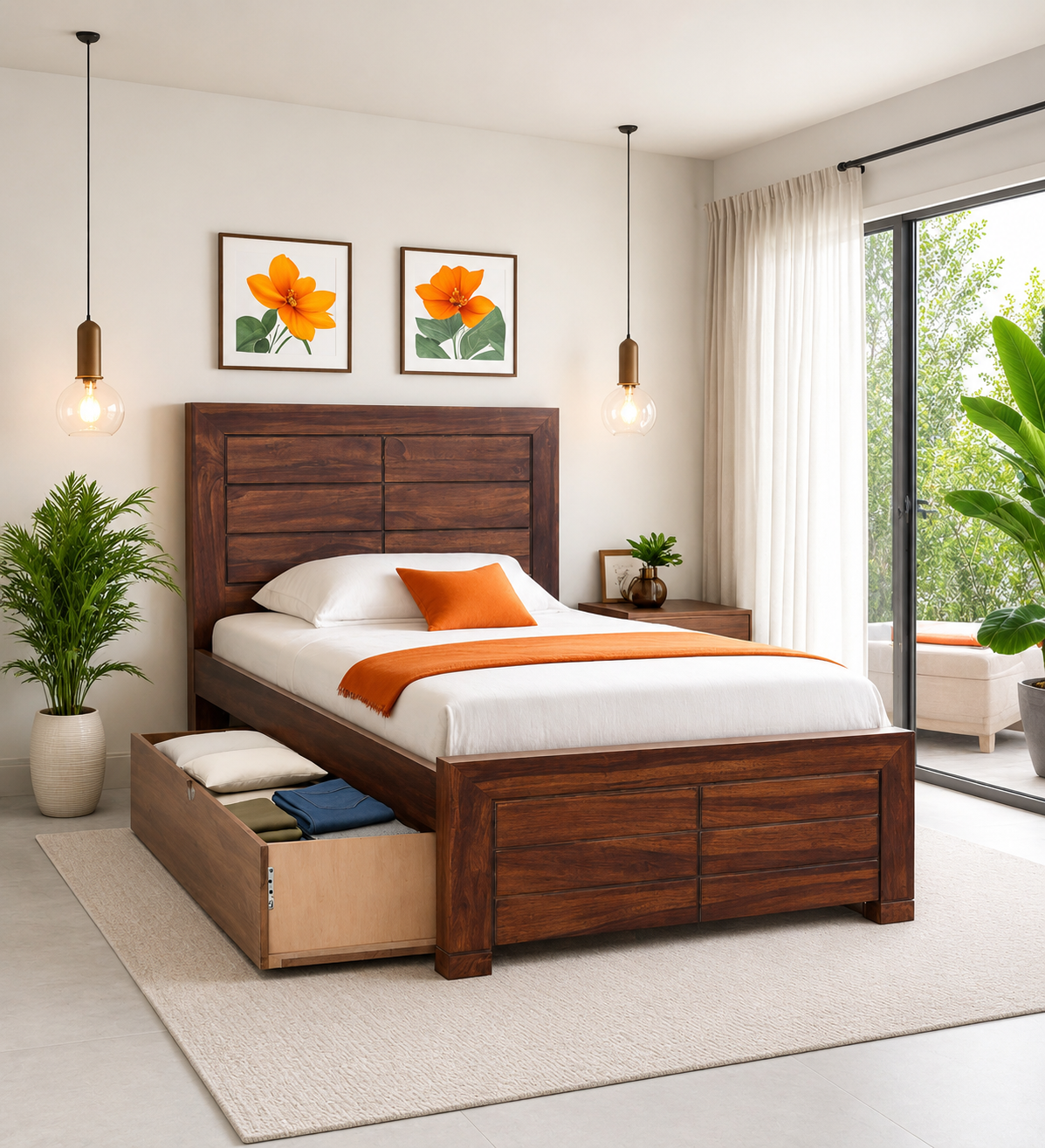 Milan Solid Sheesham Wood Single Bed in Provincial Teak Finish