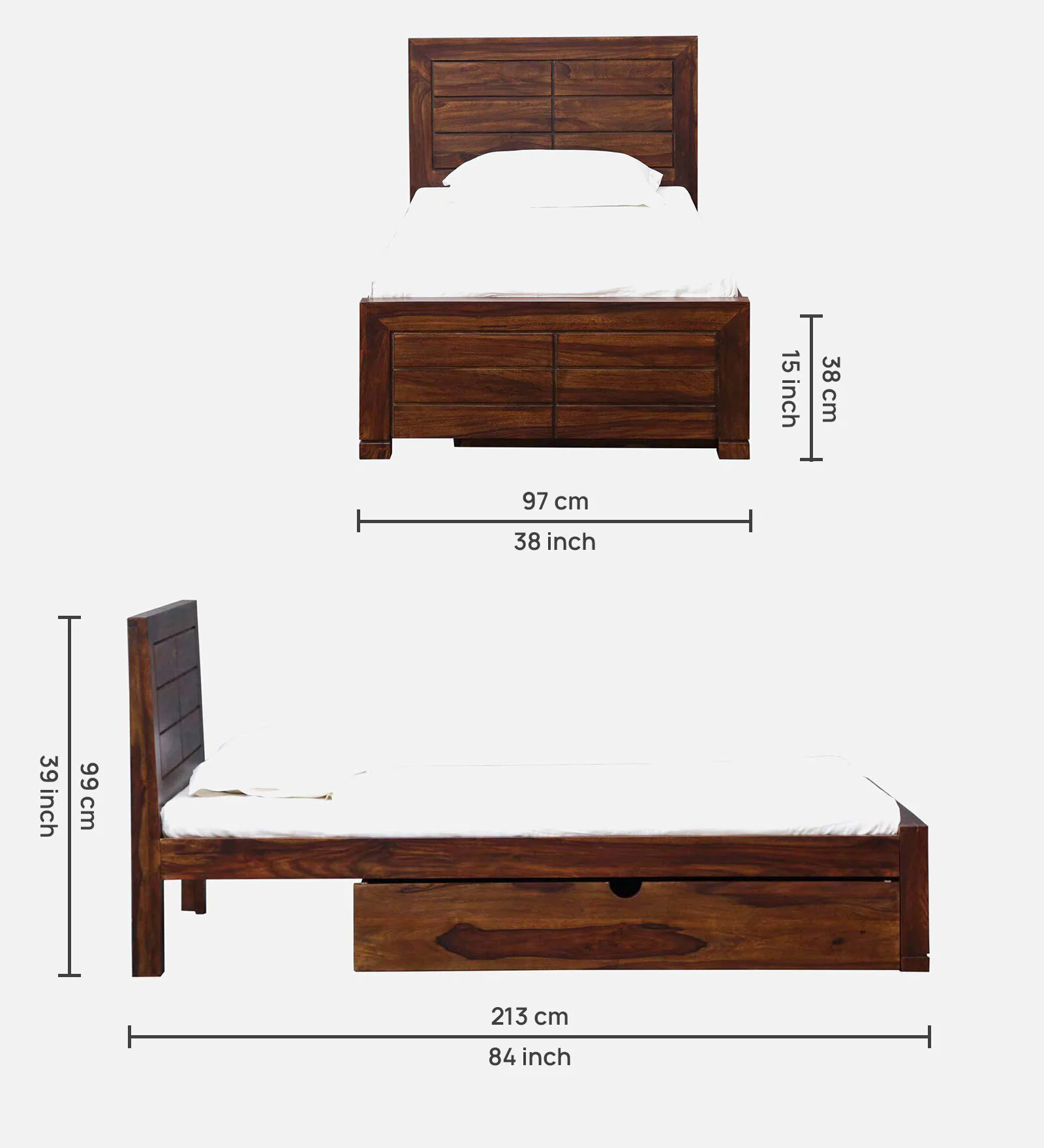 Milan Solid Sheesham Wood Single Bed in Provincial Teak Finish - Image 2