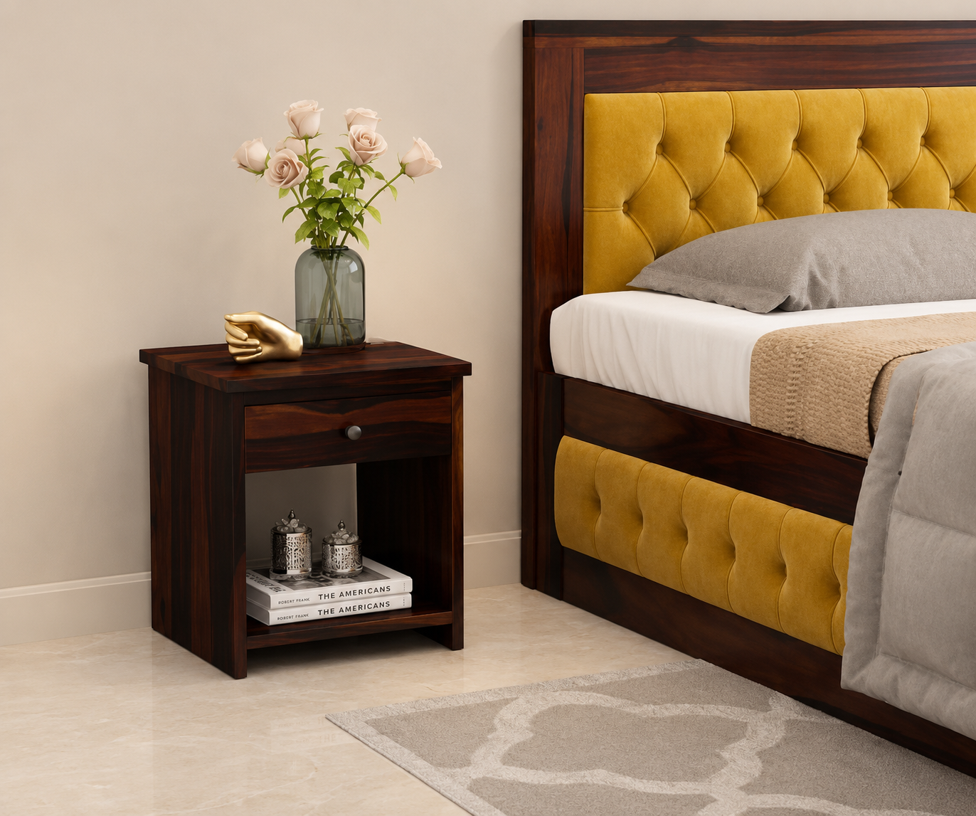 Minimalist Solid Sheesham Wood Bedside Table