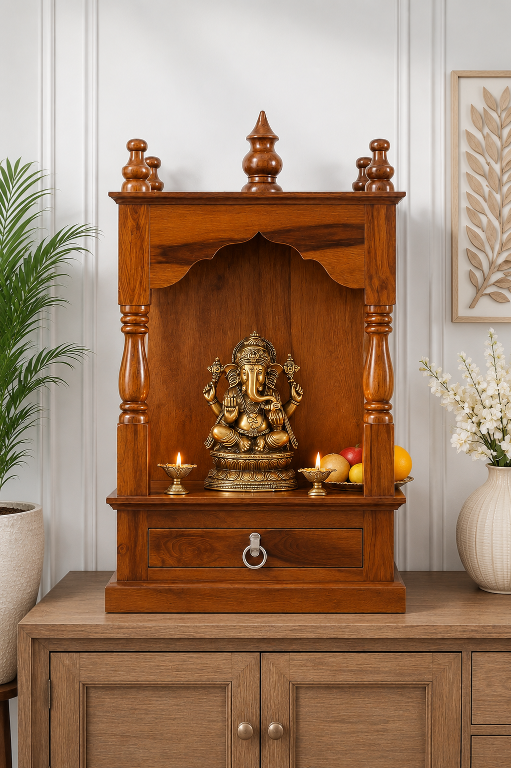 Modern Heritage Solid Wood Home Temple with Drawer and Cabinet Storage