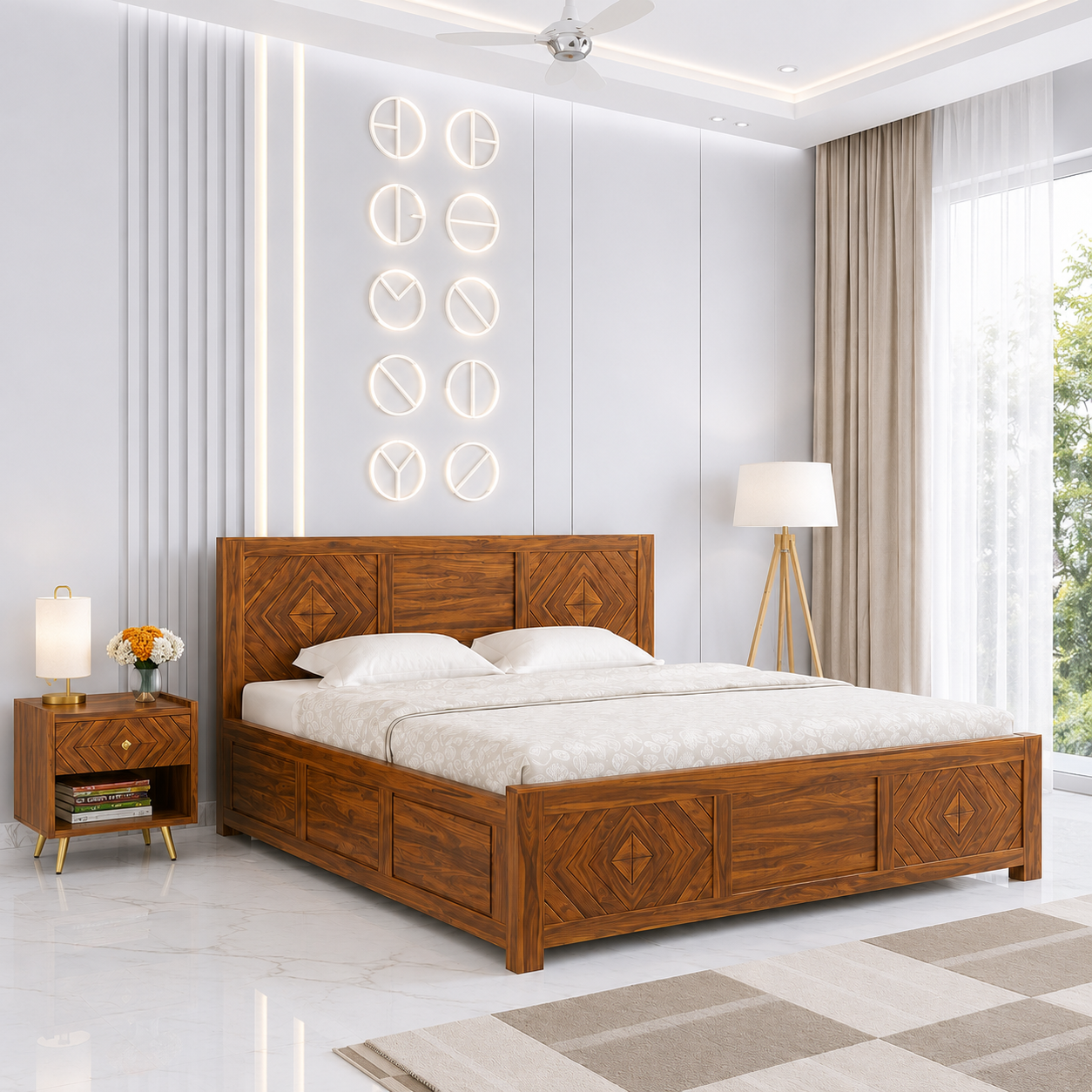 Morvella Premium Wooden Bed with Sturdy Construction in Natural Teak Finish