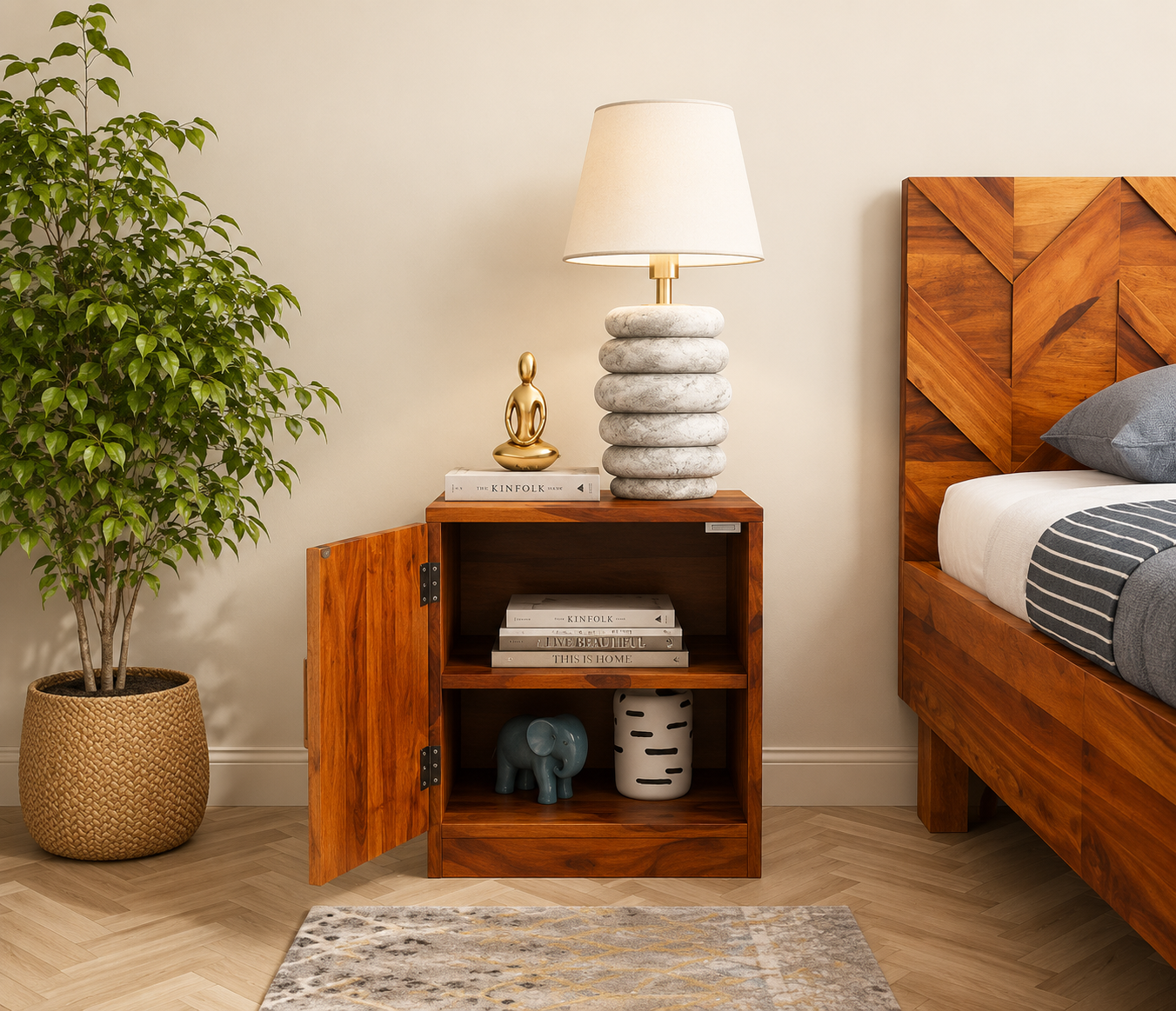 Natural Finish Bedside Table with Open Shelf