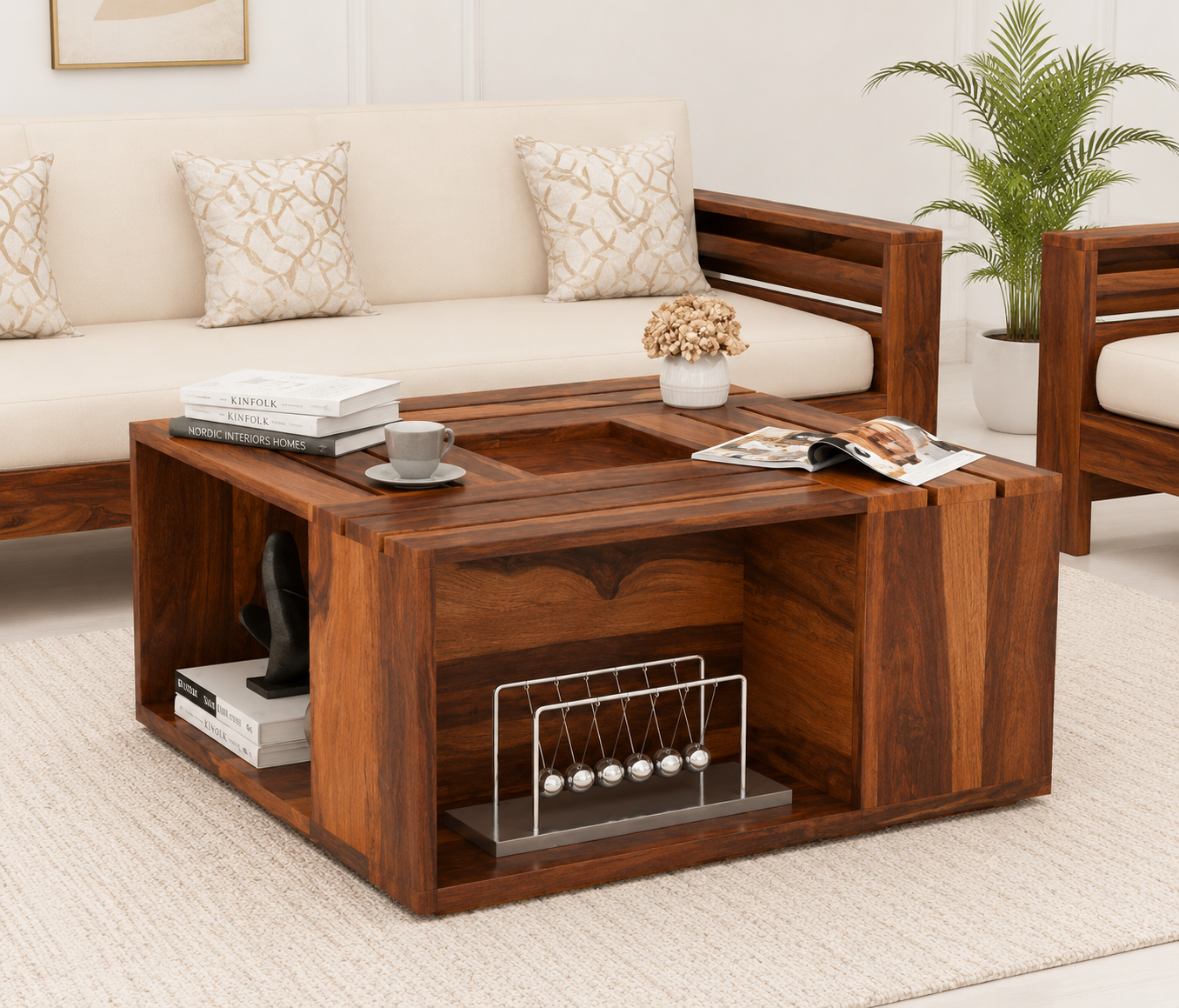Natural Finish Solid Sheesham Wood Coffee Table for Living Room