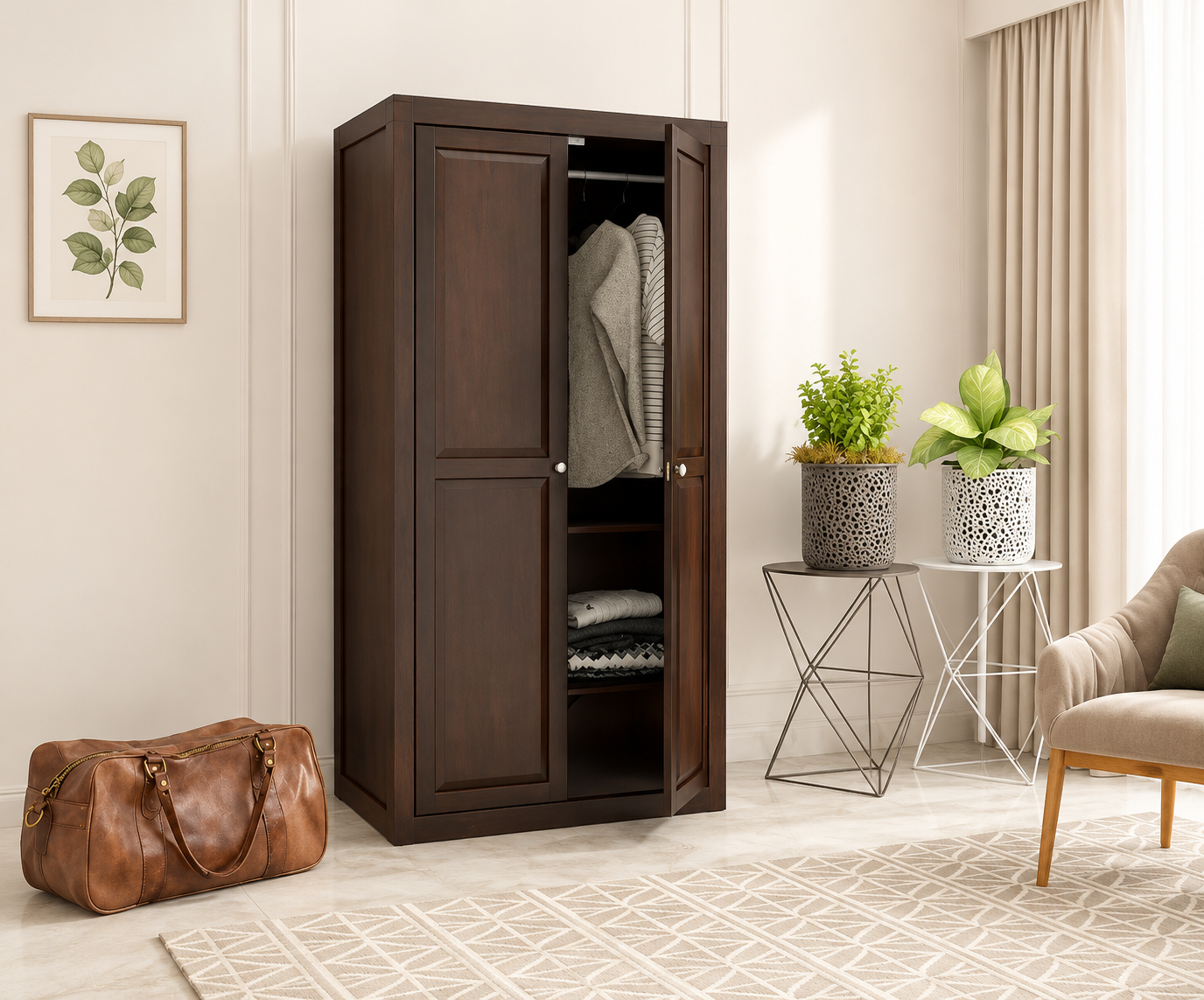 Natural Solid Sheesham Wood 2 Door Wardrobe