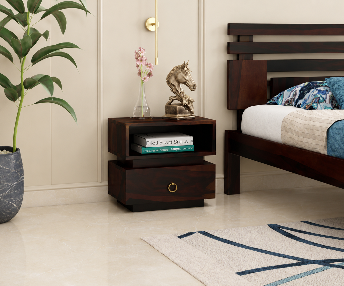 Natural Solid Sheesham Wood Bedside Table