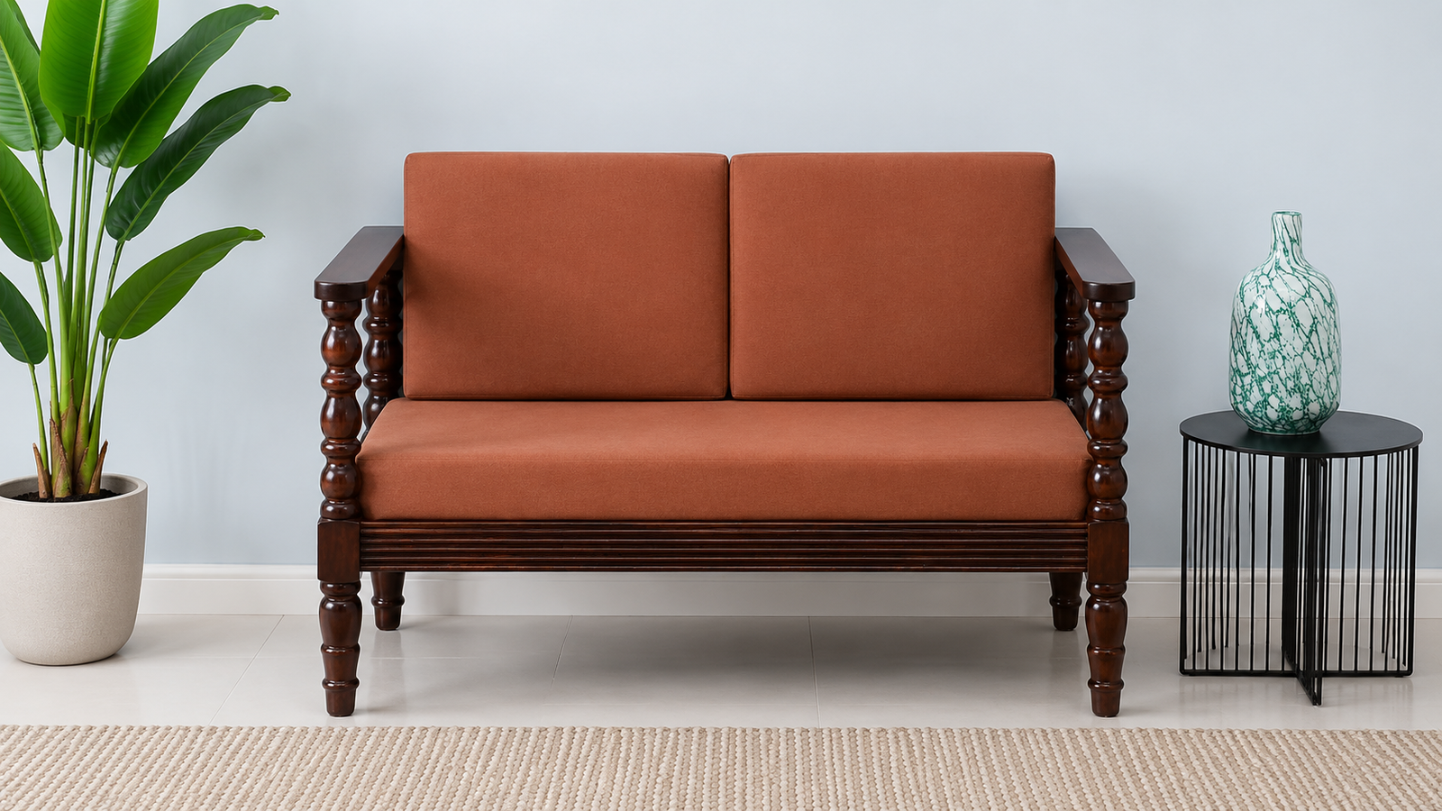 Nordic Bliss Solid Sheesham Wood Upholstered 2 Seater Sofa - Image 2