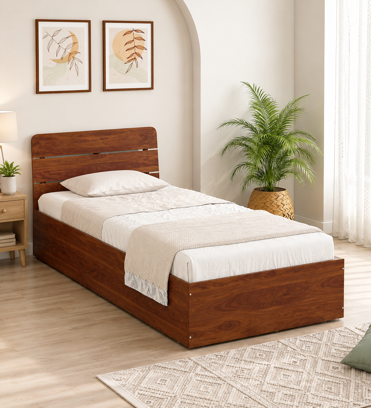 Nordic Luxury Wooden Single Bed with Natural Wood Grain Finish