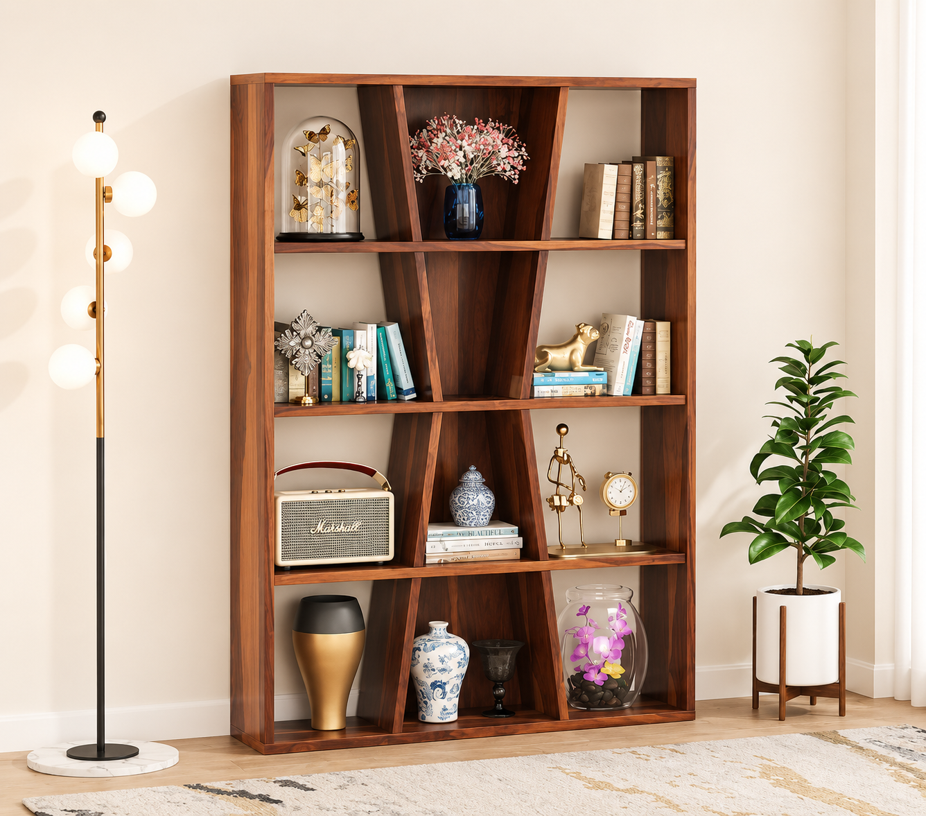 Nordic Style Solid Sheesham Wood Display Bookshelf for Modern Homes