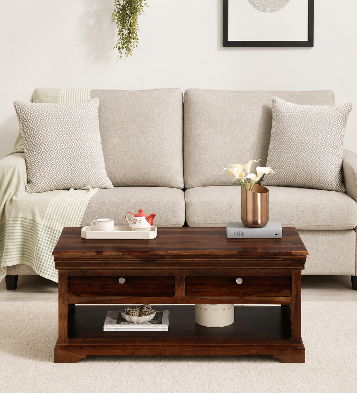 Norwick Handcrafted Sheesham Wood Coffee Table with Shelf