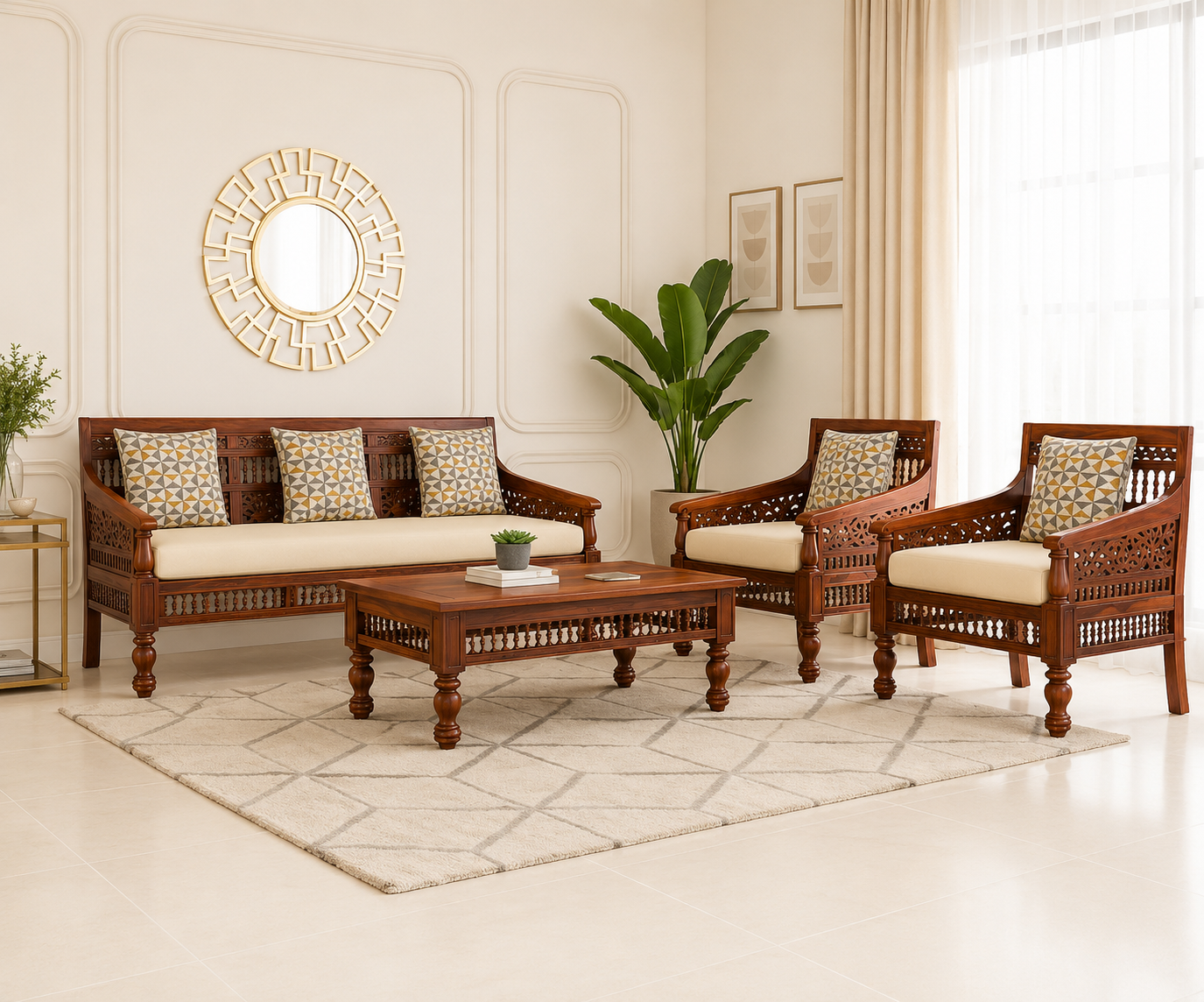 Oakmere Premium Natural Finish Wooden Sofa Set