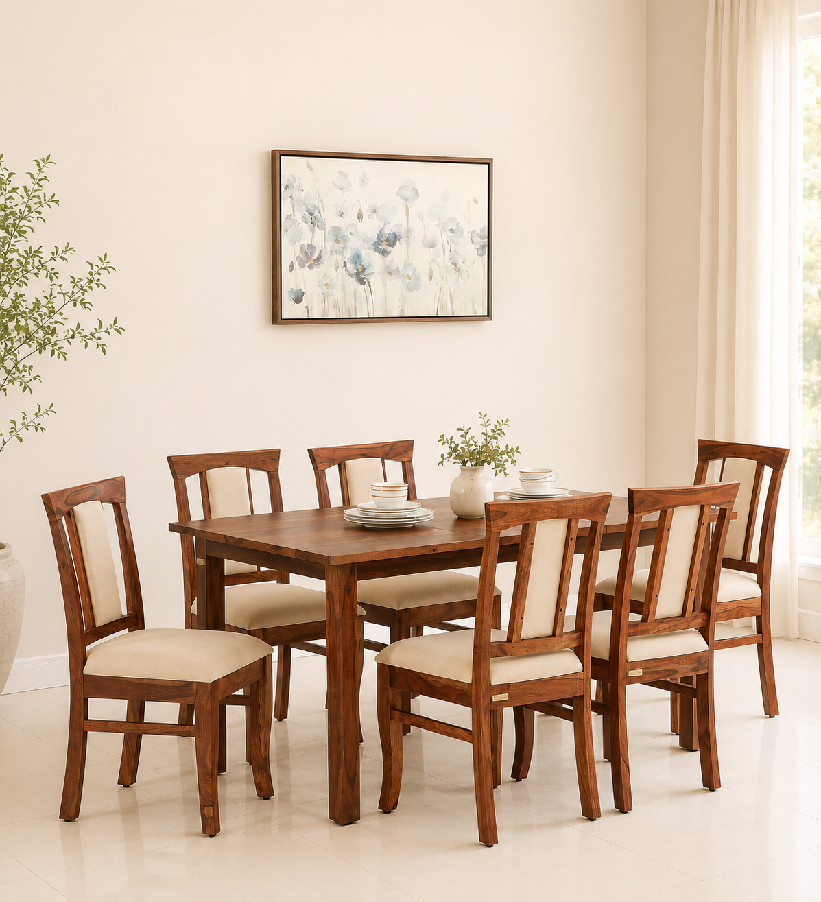 Oakmere Solid Sheesham Wood 6 Seater Dining Table Set in Natural Finish