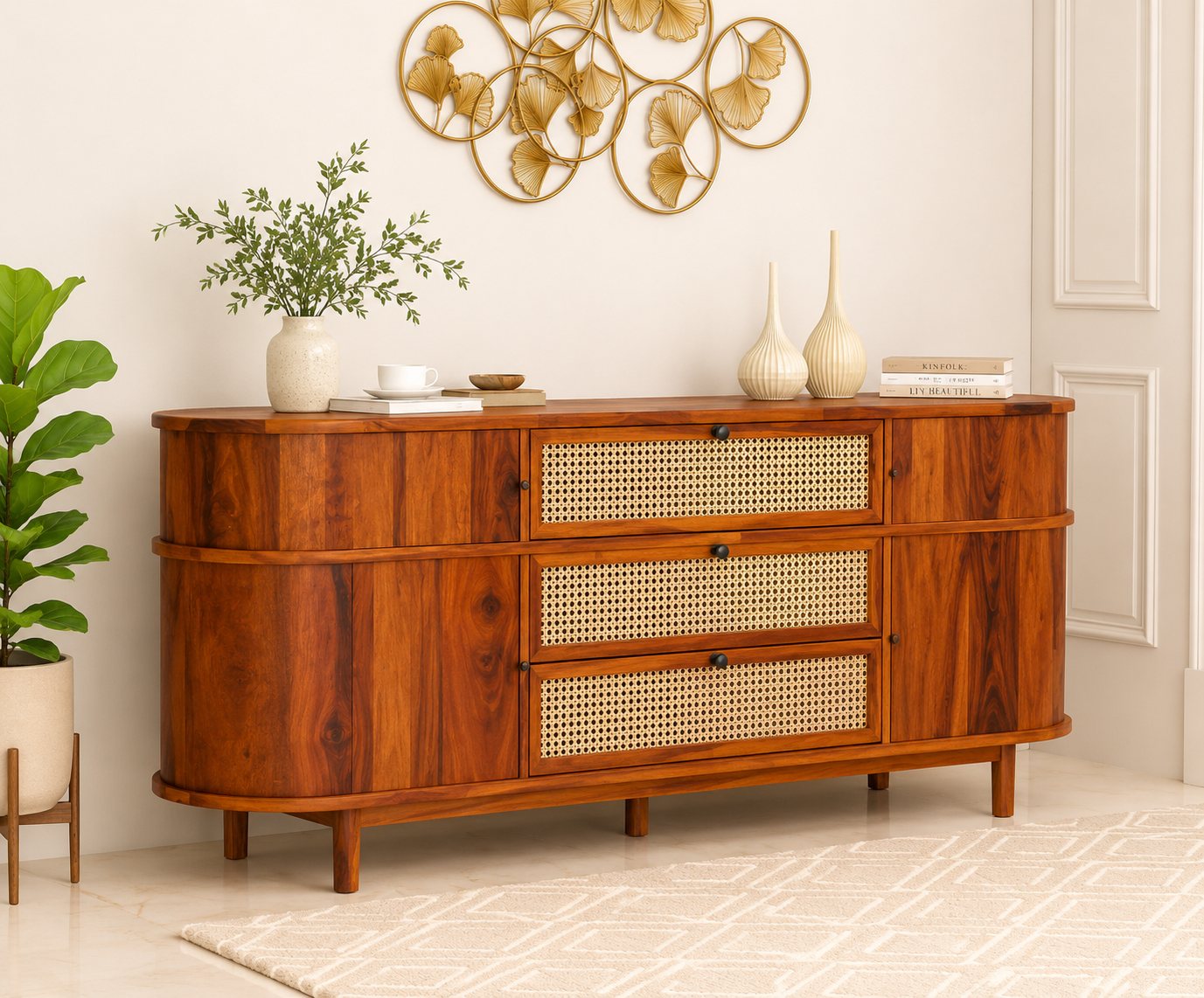 Oakmere Solid Sheesham Wood Storage Cabinet in Natural Finish