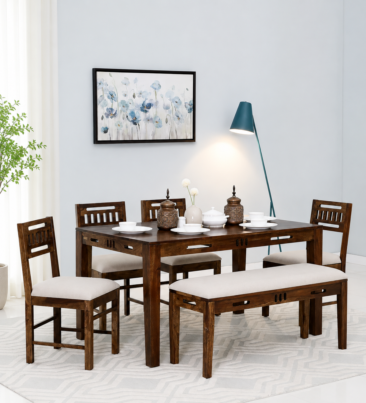 Orlena Solid Sheesham Wood 6 Seater Family Dining Set