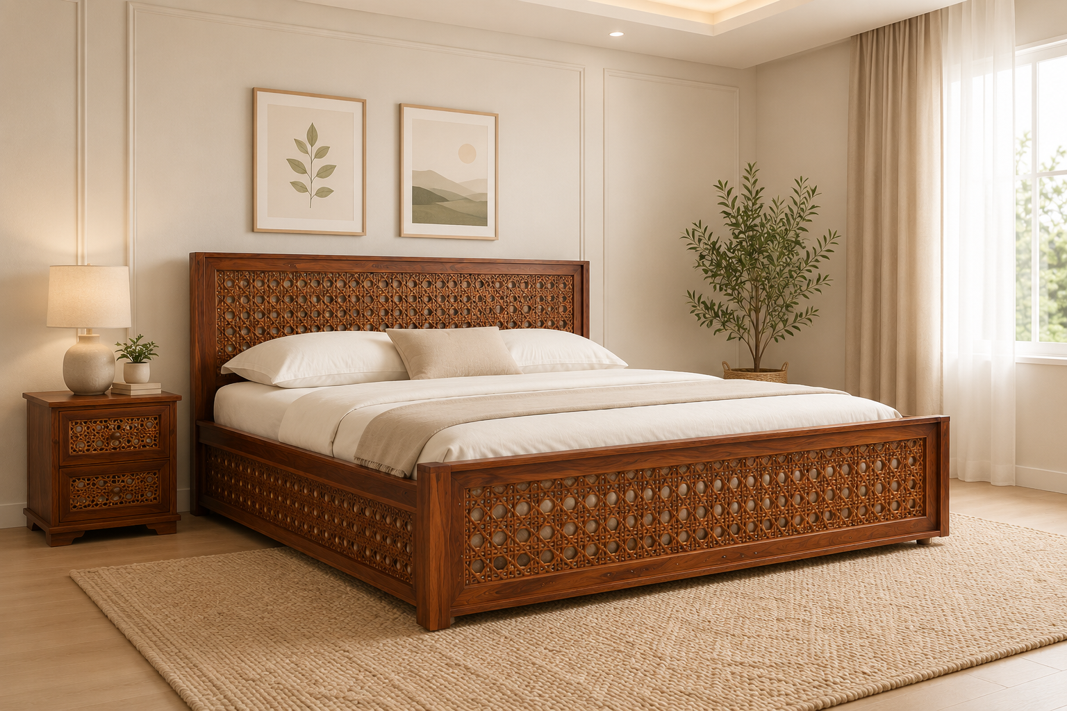 Orvella Sheesham Wood Bed With Box Storage in Mahogany Finish