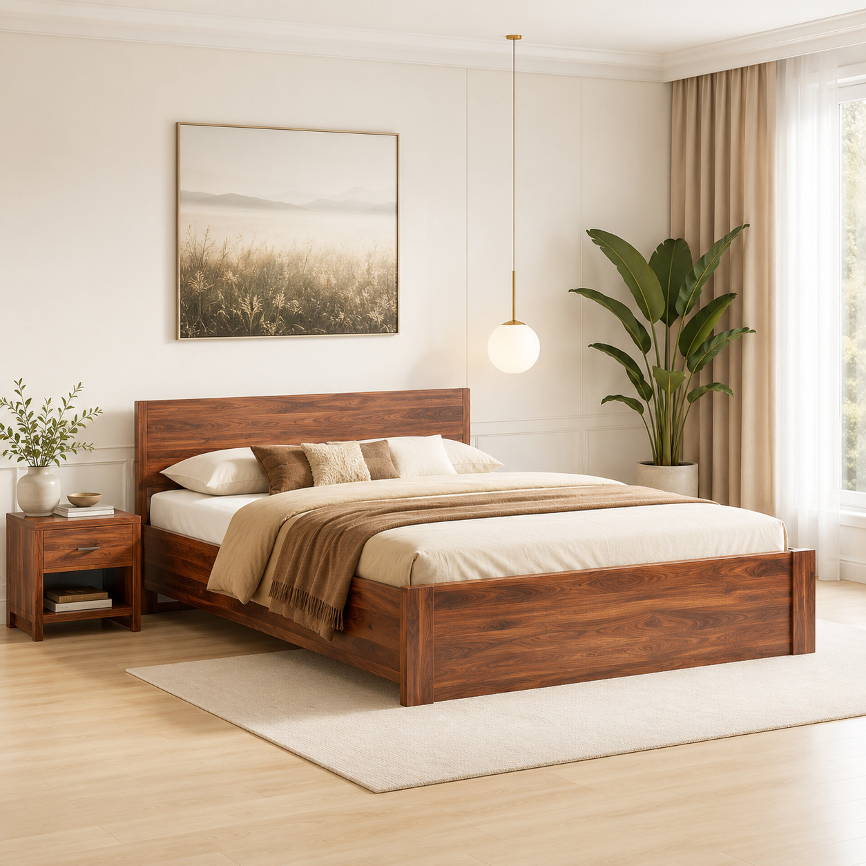 Prakriti Solid Wood Bed With Box Storage In Provincial Walnut Finish