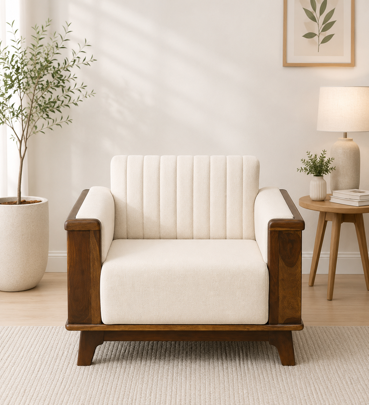 Premium Designer Solid Wood 1 Seater Sofa with Elegant Fabric Finish