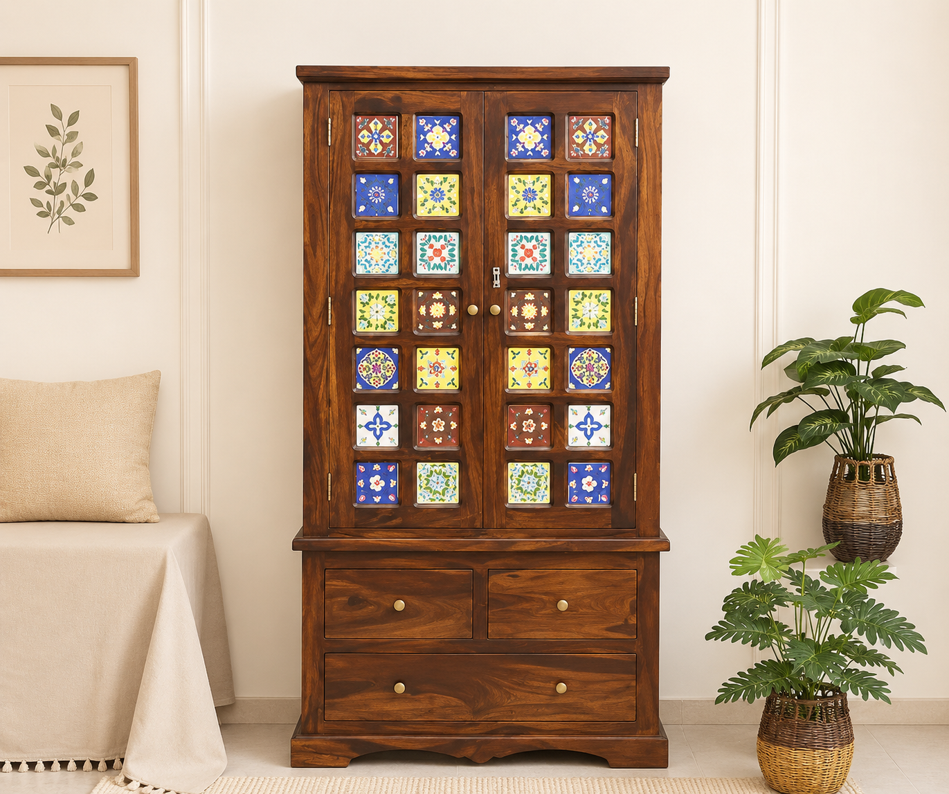 Premium Natural Sheesham Wooden Wardrobe with Shelves