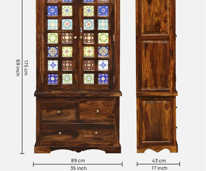 Premium Natural Sheesham Wooden Wardrobe with Shelves - Image 2
