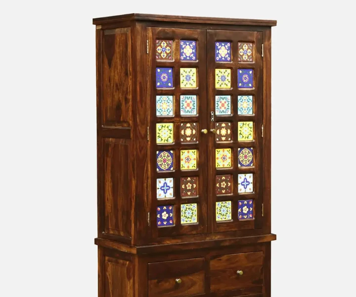 Premium Natural Sheesham Wooden Wardrobe with Shelves - Image 3
