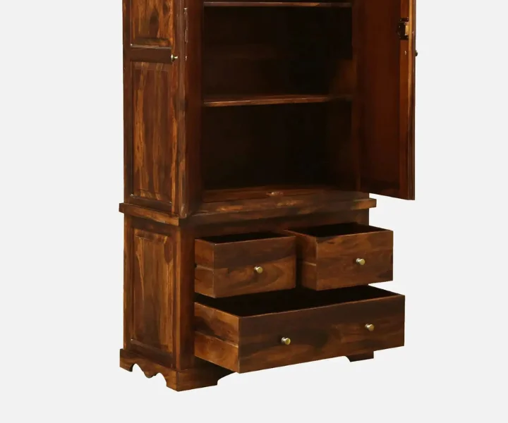 Premium Natural Sheesham Wooden Wardrobe with Shelves - Image 4