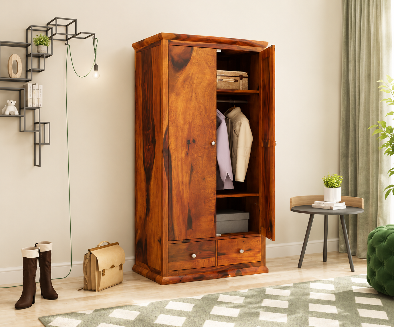 Premium Solid Sheesham Wooden Wardrobe with Hanging Space