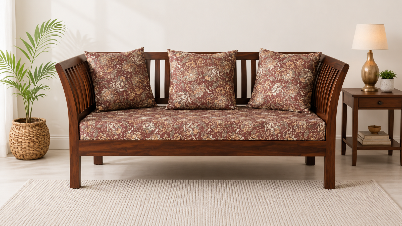 Premium Wooden Strong Sheesham Wood 2 Seater Sofa with Soft Fabric Upholstery