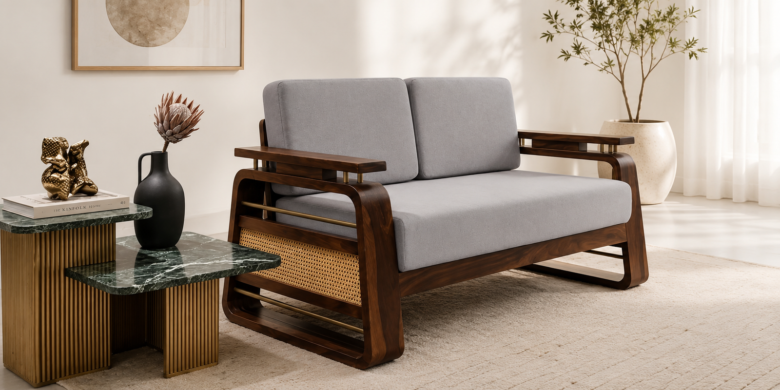 Rustic Charm Sheesham Wood 3 Seater Sofa for Luxury Interiors