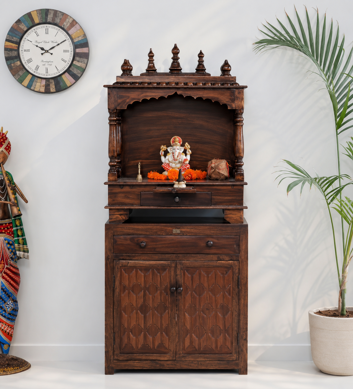 Sacred Aura Premium Solid Wood Pooja Mandir with Elegant Storage Unit