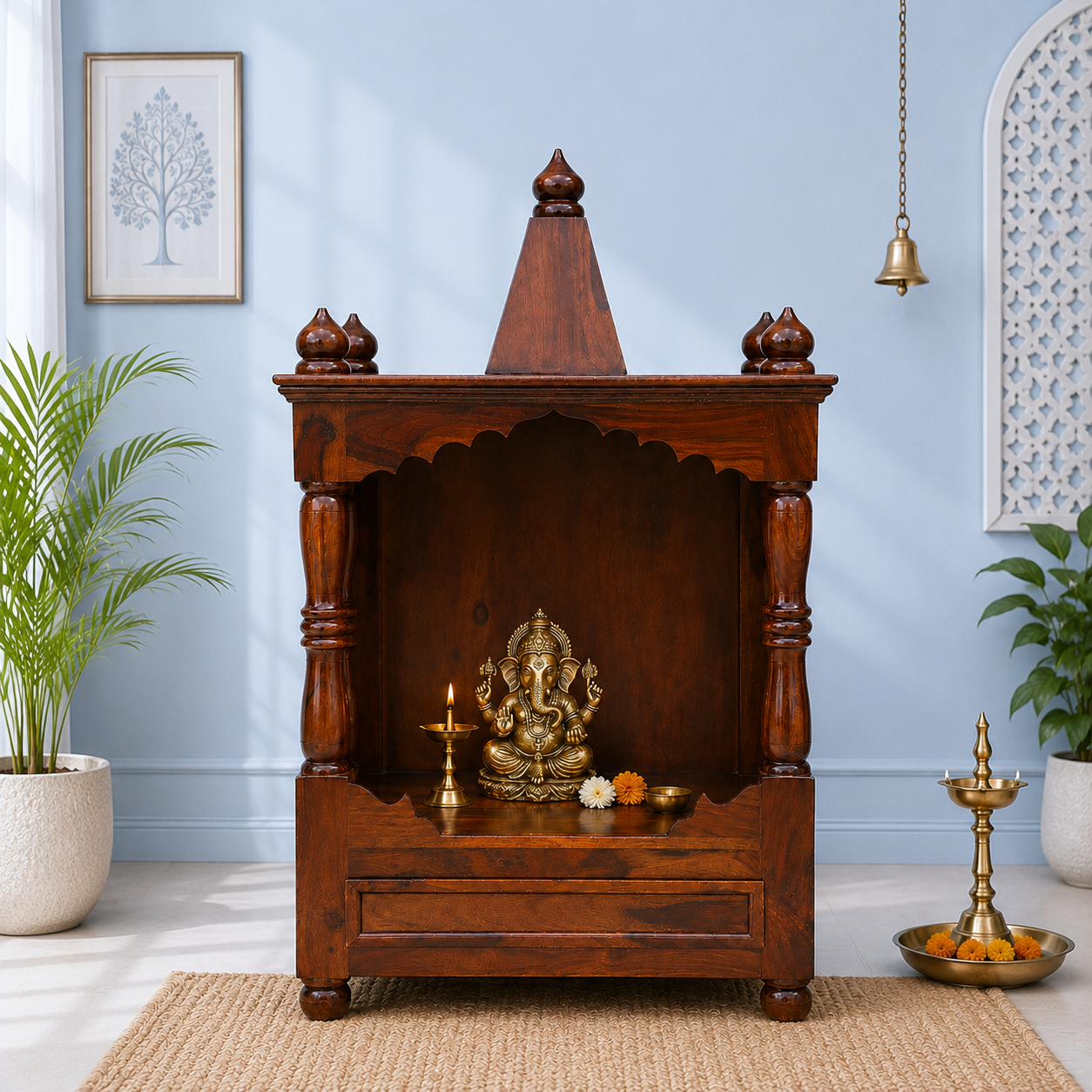 Sacred Elegance Handcrafted Wooden Pooja Unit with Premium Finish