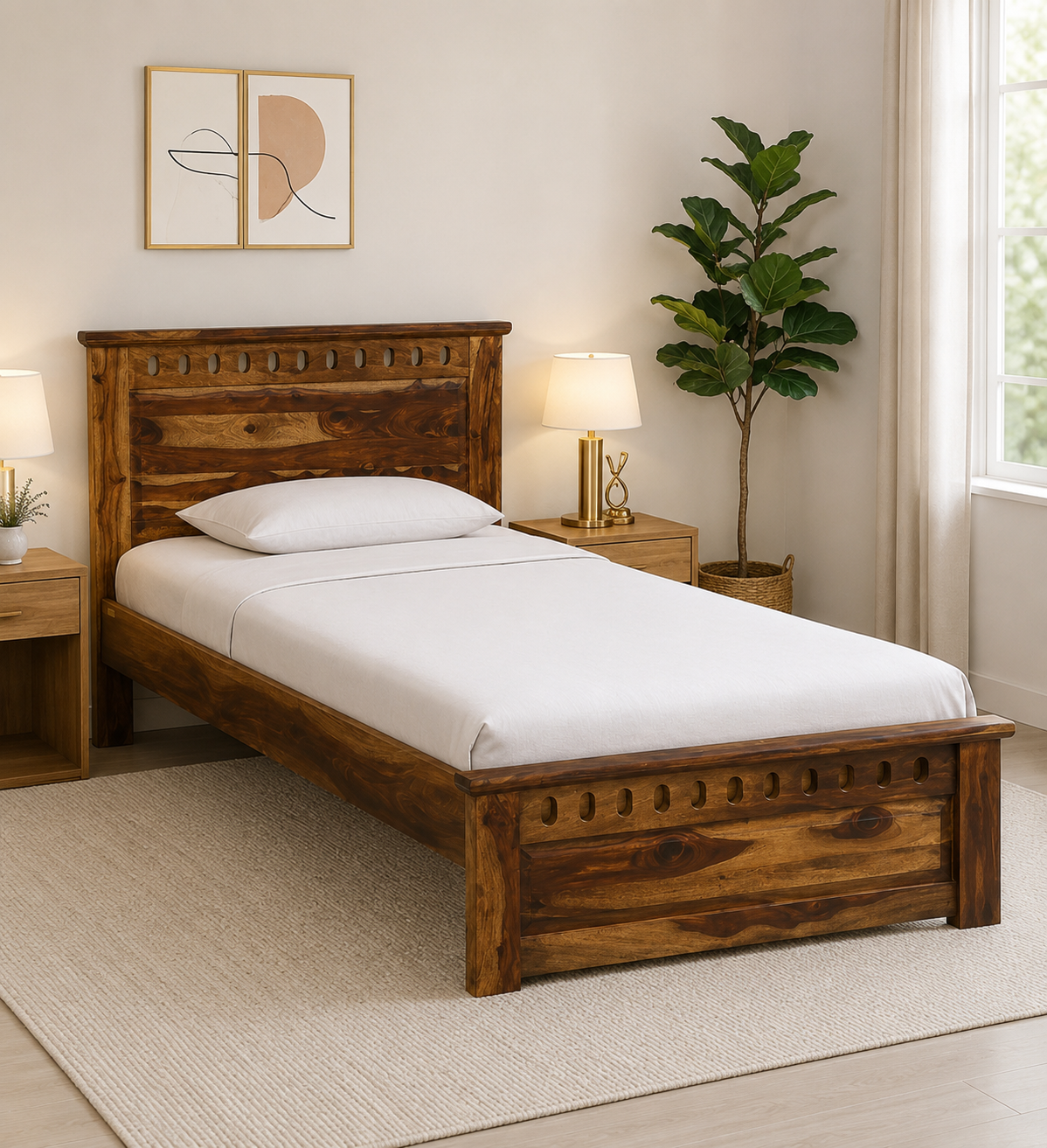 Savora Solid Sheesham Wood Single Bed in Natural Teak Finish