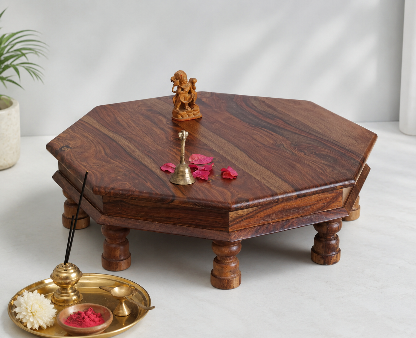 Shubh Aarambh Solid Wood Pooja Chowki with Traditional Design