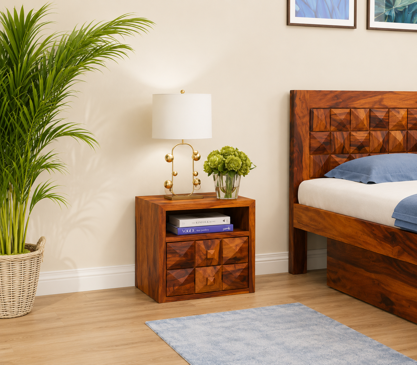 Solid Sheesham Wood Nightstand with Storage