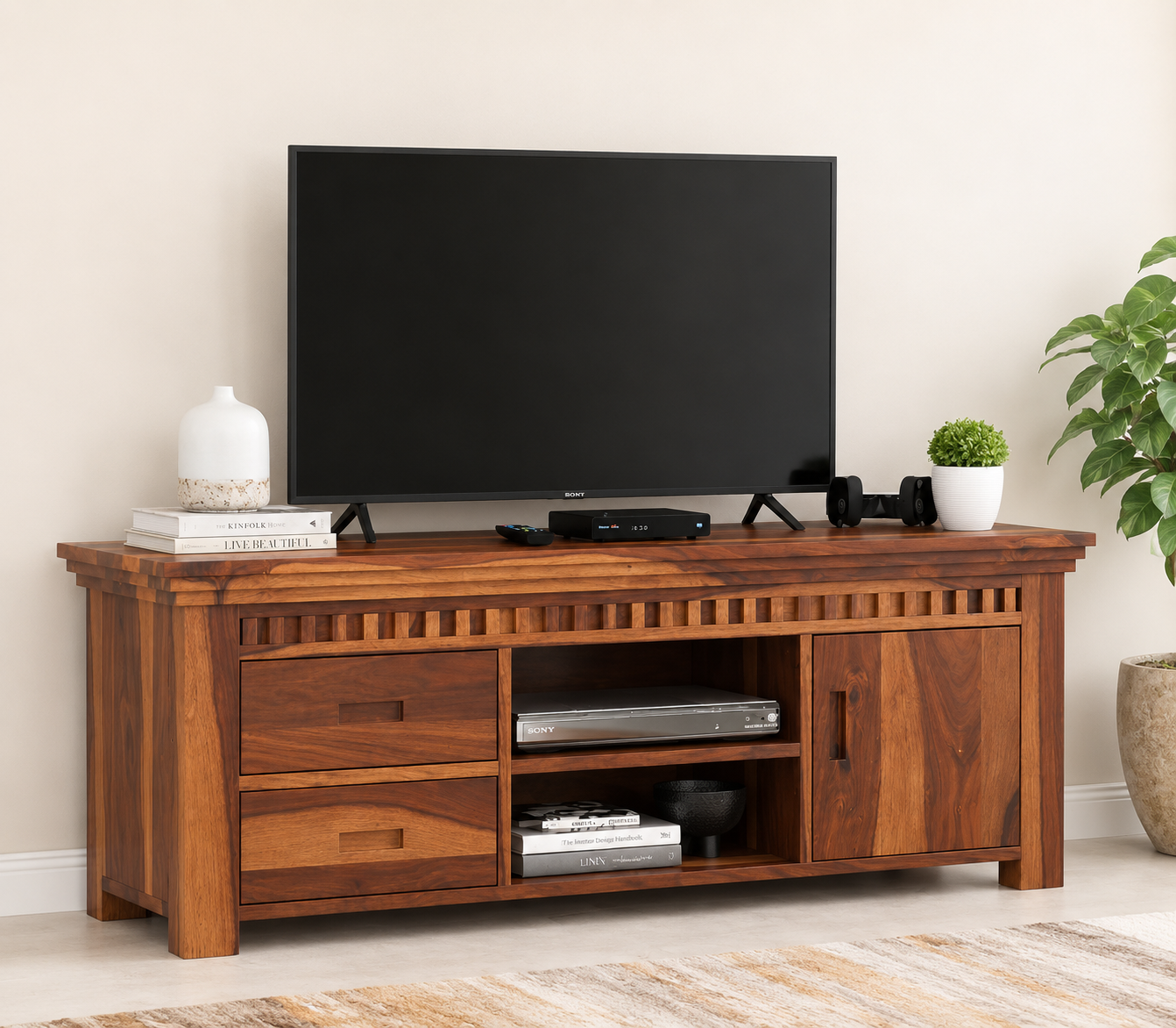 Solid Sheesham Wood TV Unit with Storage