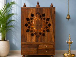 Traditional Majesty Solid Sheesham Wood Home Mandir with Cabinet Storage