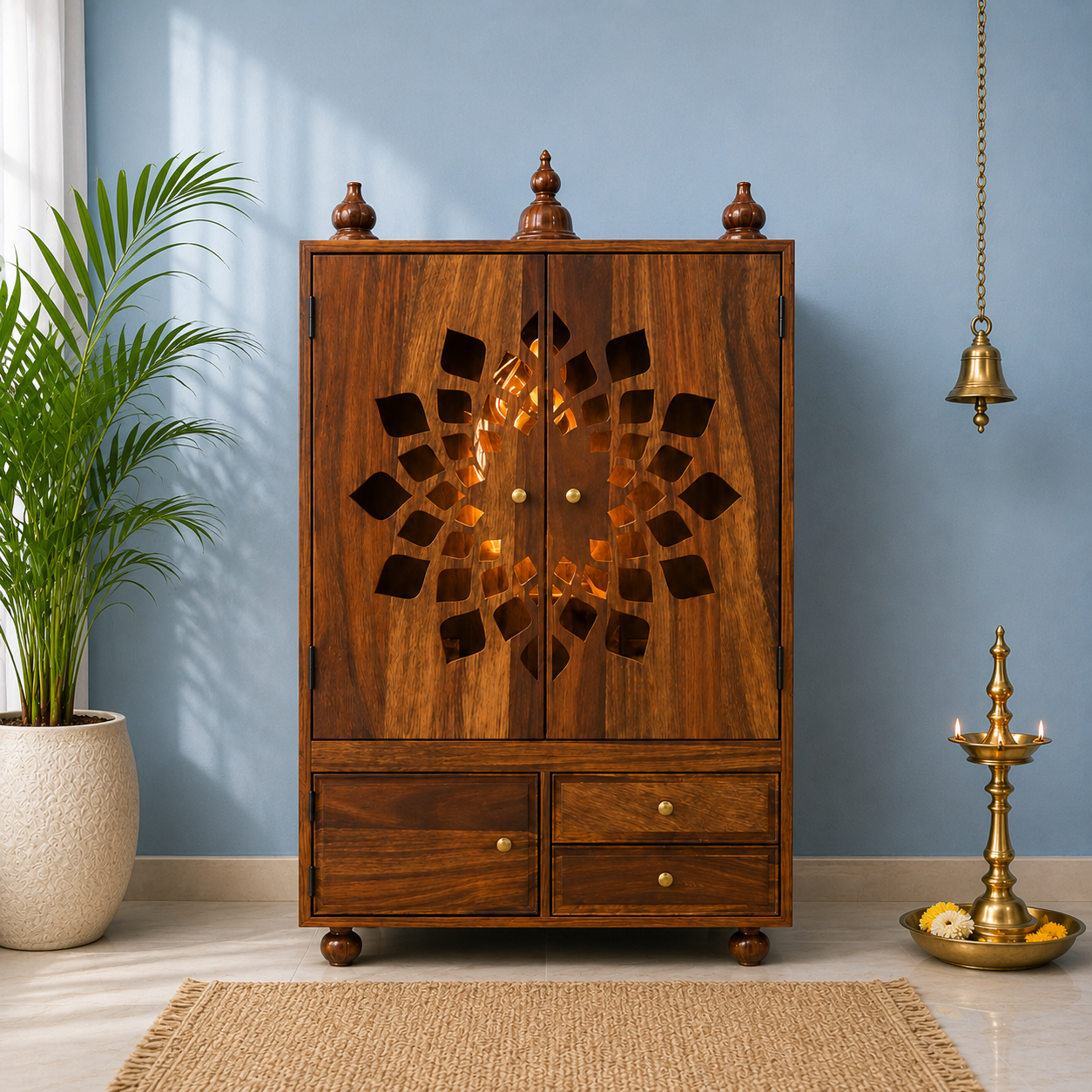 Traditional Majesty Solid Sheesham Wood Home Mandir with Cabinet Storage