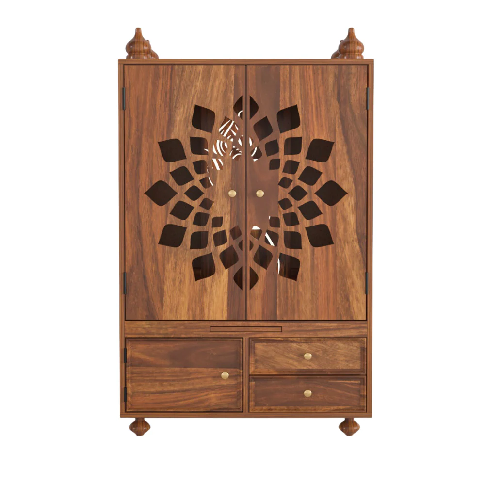Traditional Majesty Solid Sheesham Wood Home Mandir with Cabinet Storage - Image 2