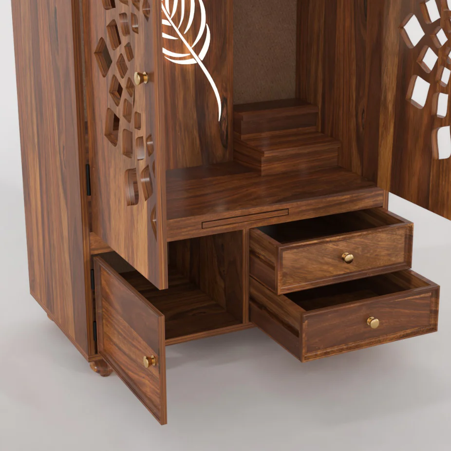 Traditional Majesty Solid Sheesham Wood Home Mandir with Cabinet Storage - Image 4